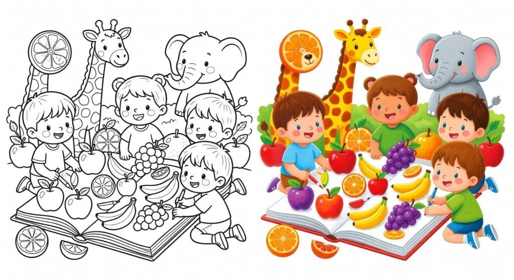 Crianças colorindo uma paleta alegre de frutas e animais em página ensolarada