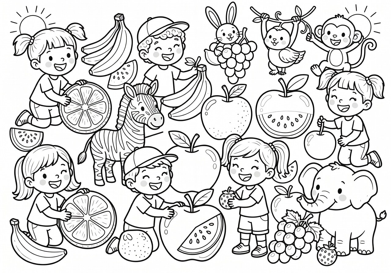 Desenho em linhas de paleta alegre para colorir com elementos infantis simples