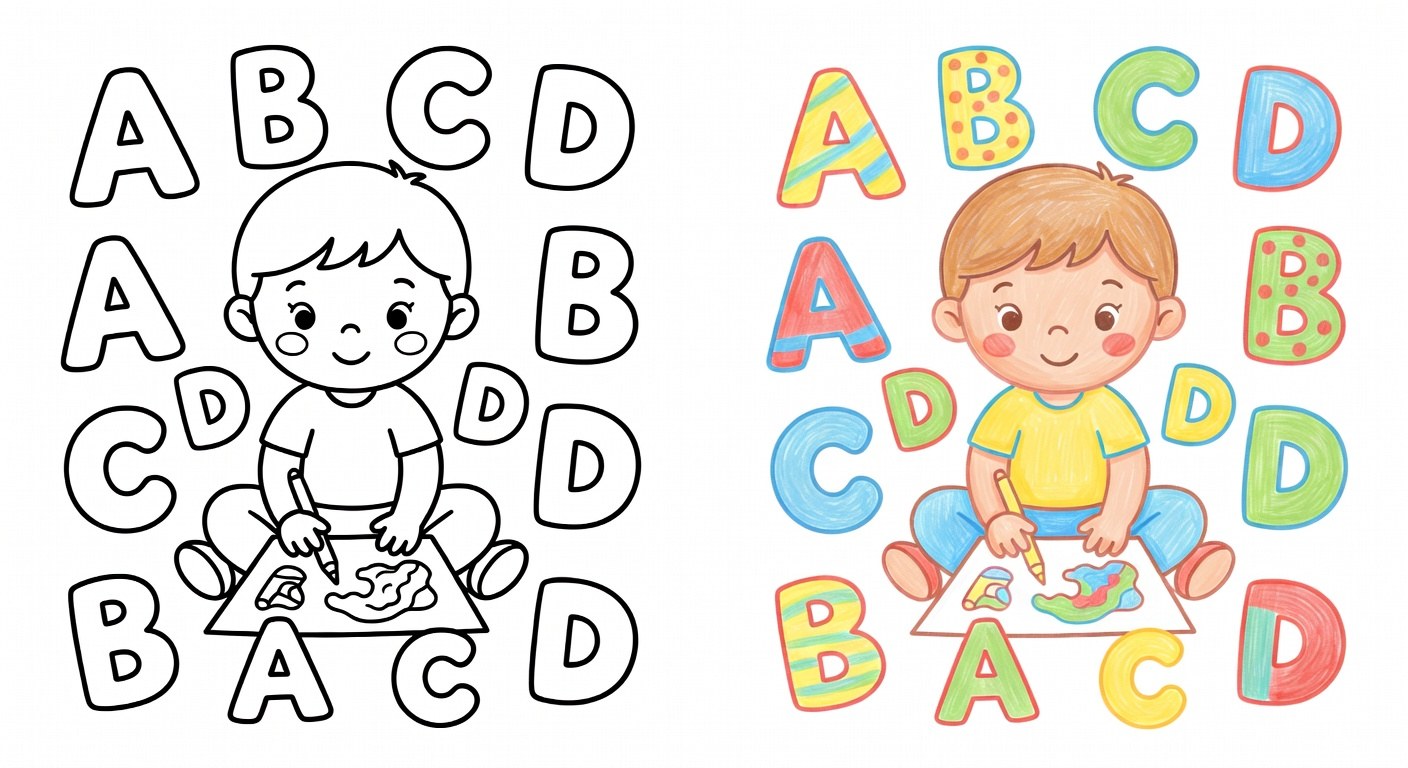 Criança colorindo letras do alfabeto com combinações de cores vibrantes