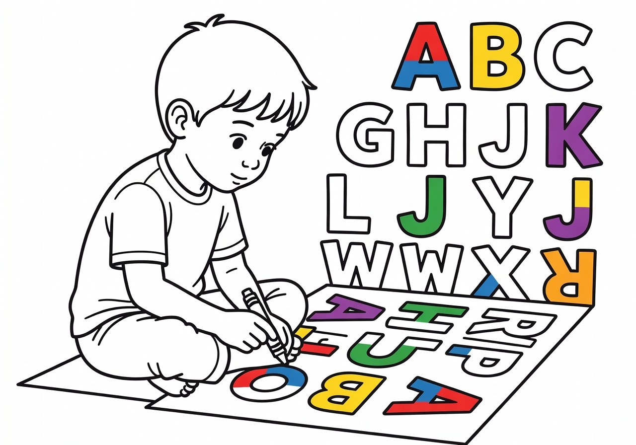 Desenho em linha de letras e nomes prontos para colorir