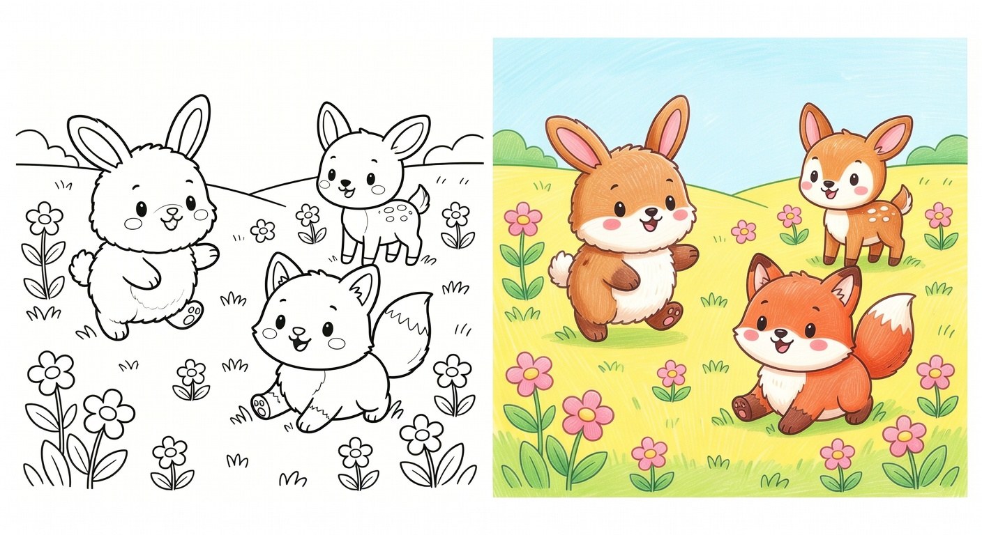 Desenho fofo de animais em um prado ensolarado com sombras suaves