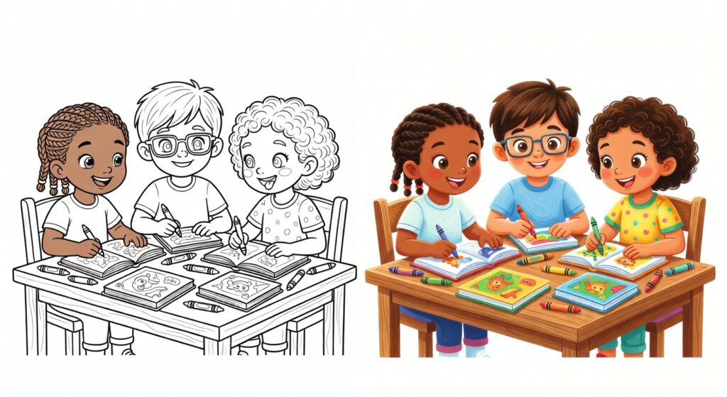 Crianças colorindo em casa com materiais organizados